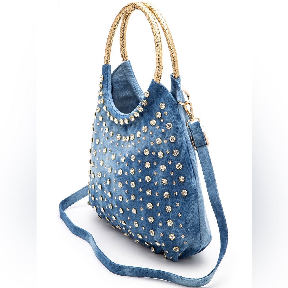 Gold & Denim Blue Studded Top Handle Handbag - Picture 6 of 6
